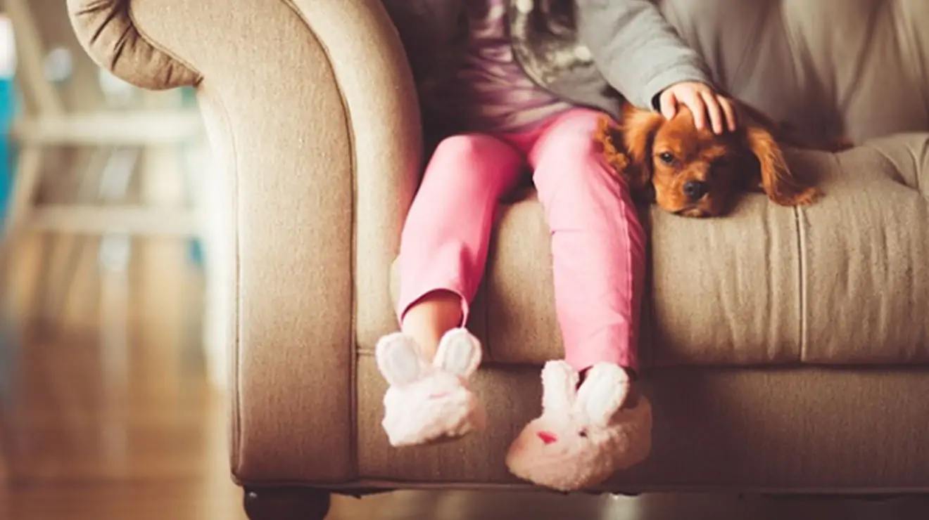 a child sitting on a couch with a dog