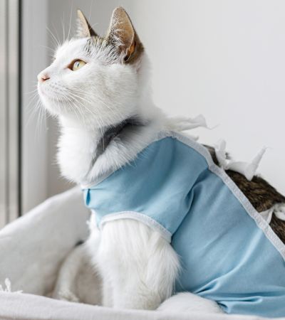 a cat wearing a blue vest